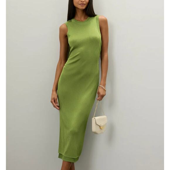 Atlein Chartreuse Knit Midi Tank Dress MEDIUM Bodycon Silky Ruched Designer $445 - Picture 1 of 10